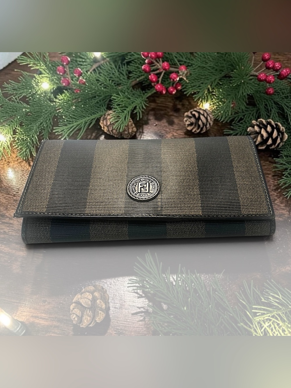 FENDI Black and Taupe Striped Wallet with
Removable Gold Tone Chain Vintage